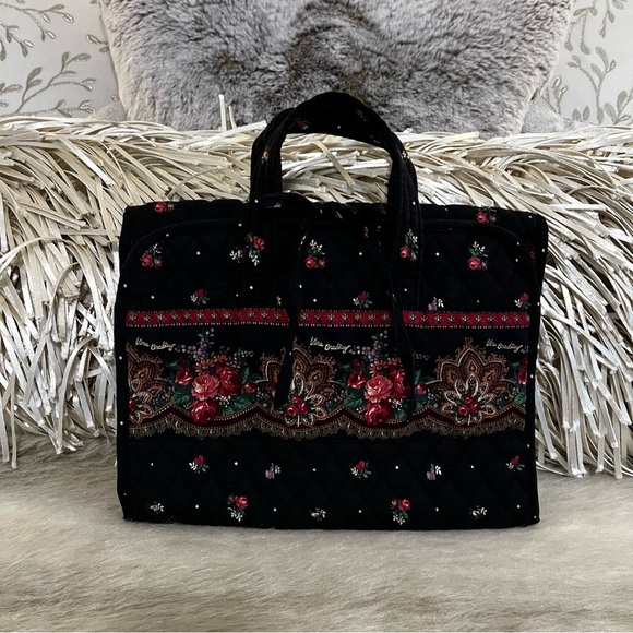 Vera Bradley Handbags - Vintage VERA BRADLEY 1997 Trifold Travel Hanging Toiletries Bag Black Red Roses
